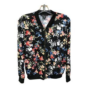 Robert Louis Black Floral Pattern Zipper‎ Front Long Sleeve